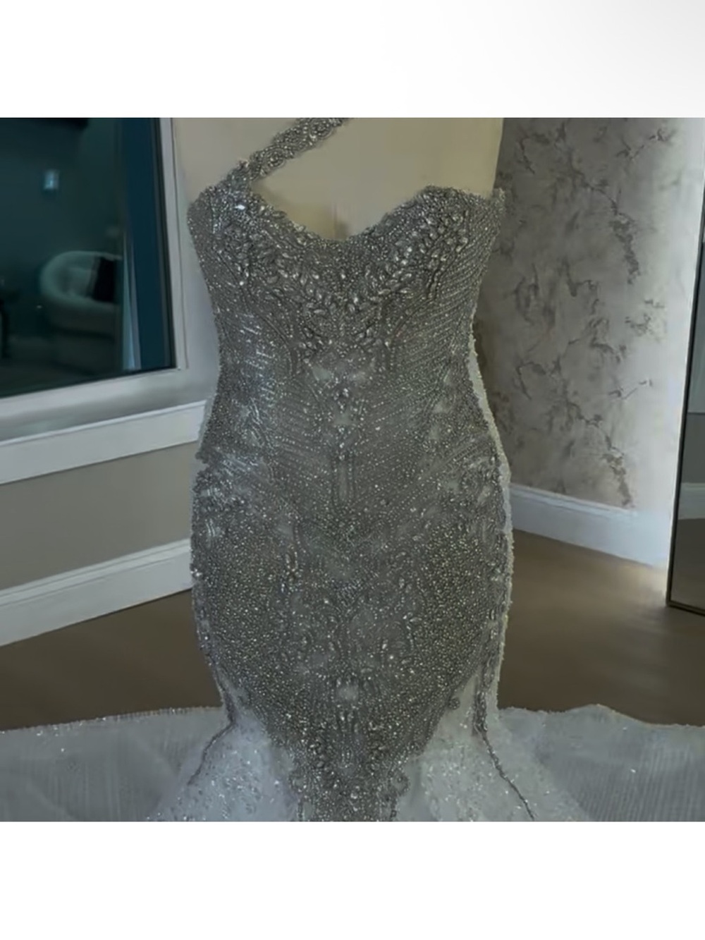 Silver Beaded One-Shoulder Wedding Dress